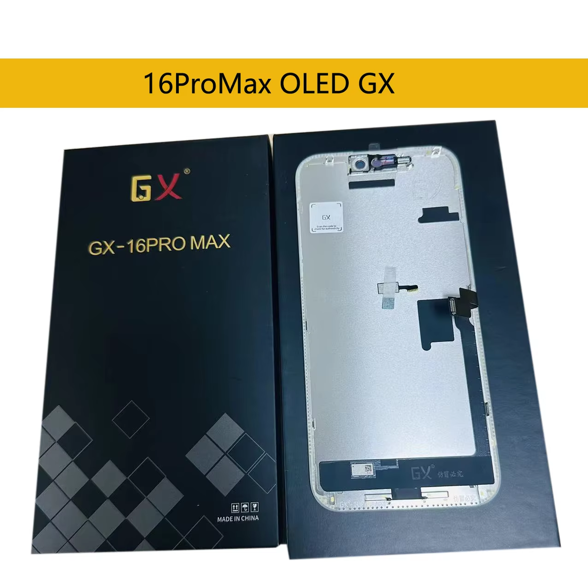 Hard OLED screen for iPhone 16 Pro Max, with its labelled box