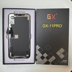 Hard OLED screen for iPhone 11 Pro in its tray, beside its labelled box