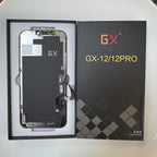 Hard OLED screen for iPhone 12 and 12 Pro in its tray, beside its labelled box