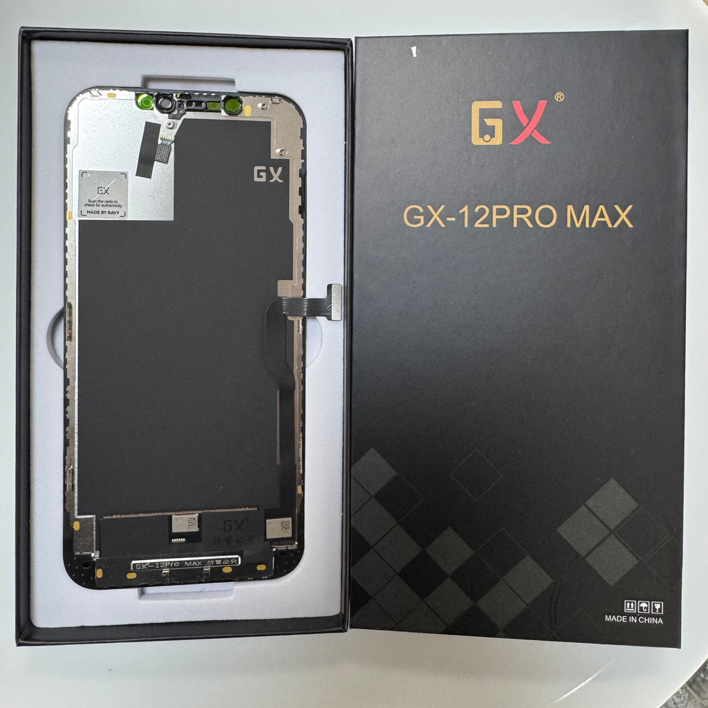 Hard OLED screen for iPhone 12 Pro Max in its tray, beside its labelled box