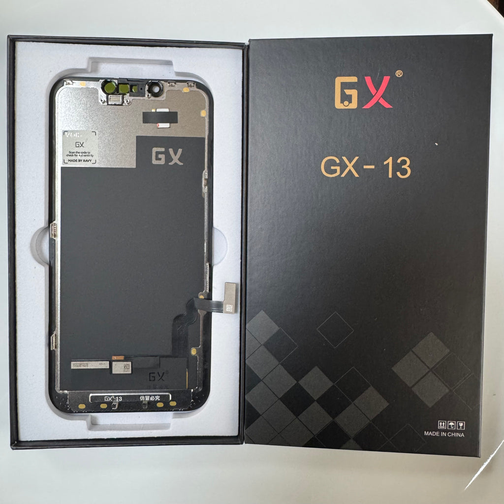 Hard OLED screen for iPhone 13 in its tray, beside its labelled box