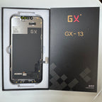 Hard OLED screen for iPhone 13 in its tray, beside its labelled box