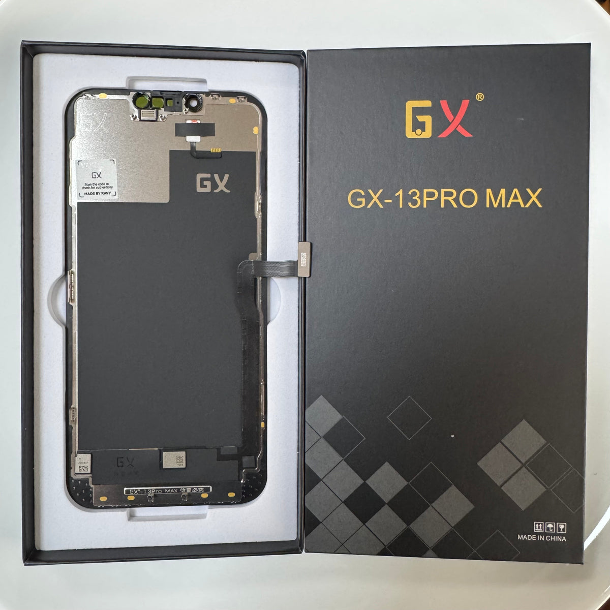 Hard OLED screen for iPhone 13 Pro Max in its tray, beside its labelled box