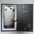 Hard OLED screen for iPhone 14 in its tray, beside its labelled box