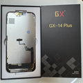 Hard OLED screen for iPhone 14 Plus in its tray, beside its labelled box