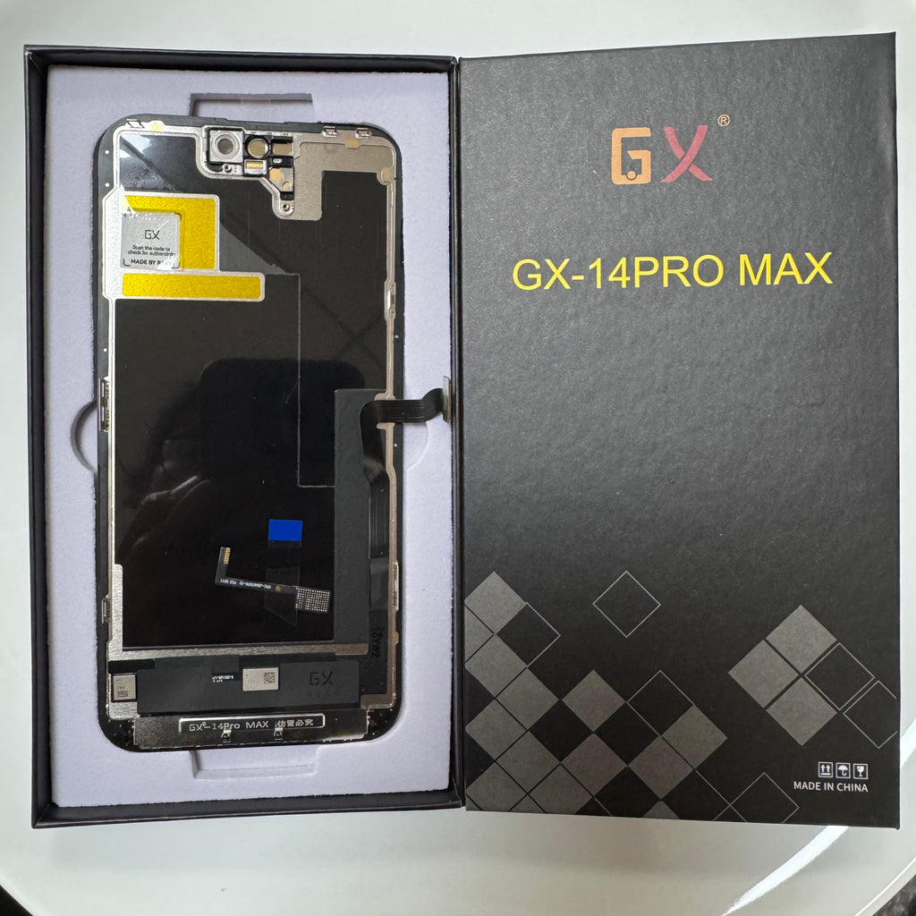 Hard OLED screen for iPhone 14 Pro Max in its tray, beside its labelled box