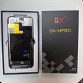 Hard OLED screen for iPhone 14 Pro in its tray, beside its labelled box