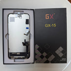 Hard OLED screen for iPhone 15 in its tray, beside its labelled box
