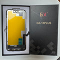 Hard OLED screen for iPhone 15 Plus in its tray, beside its labelled box