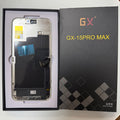 Hard OLED screen for iPhone 15 Pro Max in its tray, beside its labelled box