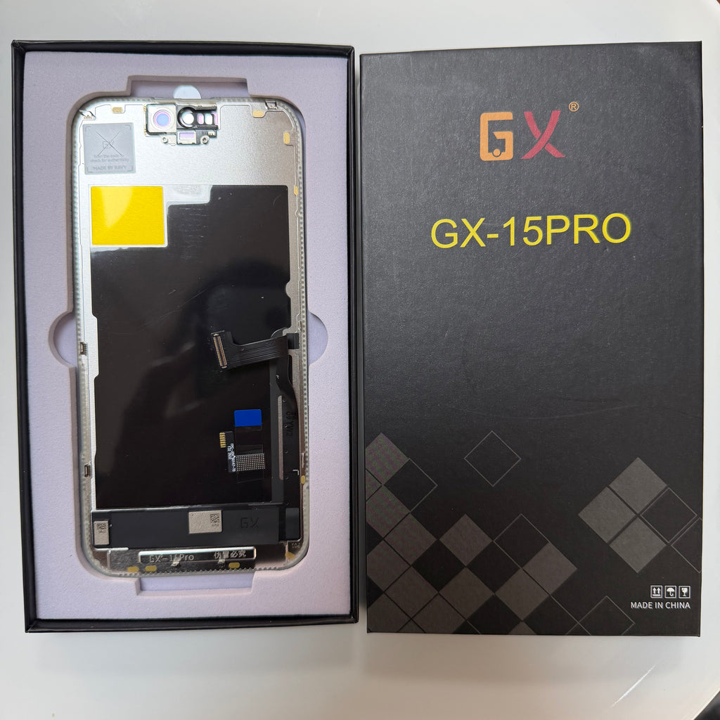 Hard OLED screen for iPhone 15 Pro in its tray, beside its labelled box