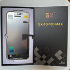 Hard OLED screen for iPhone 16 Pro Max in its tray, beside its labelled box