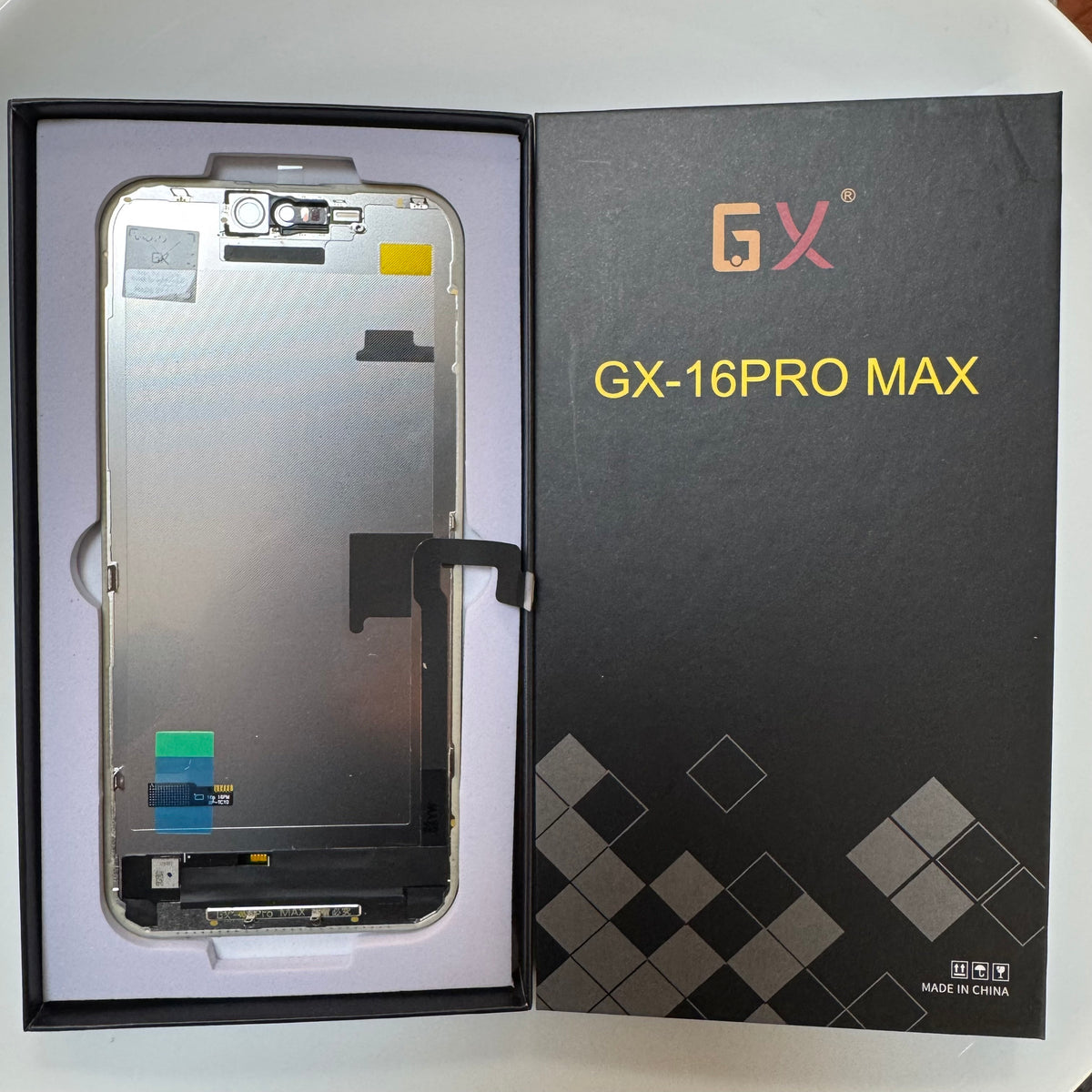 Hard OLED screen for iPhone 16 Pro Max in its tray, beside its labelled box