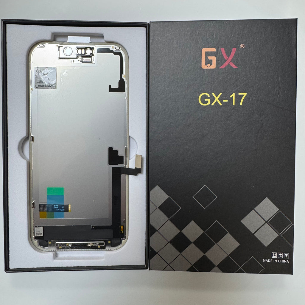 Hard OLED screen for iPhone 17 in its tray, beside its labelled box