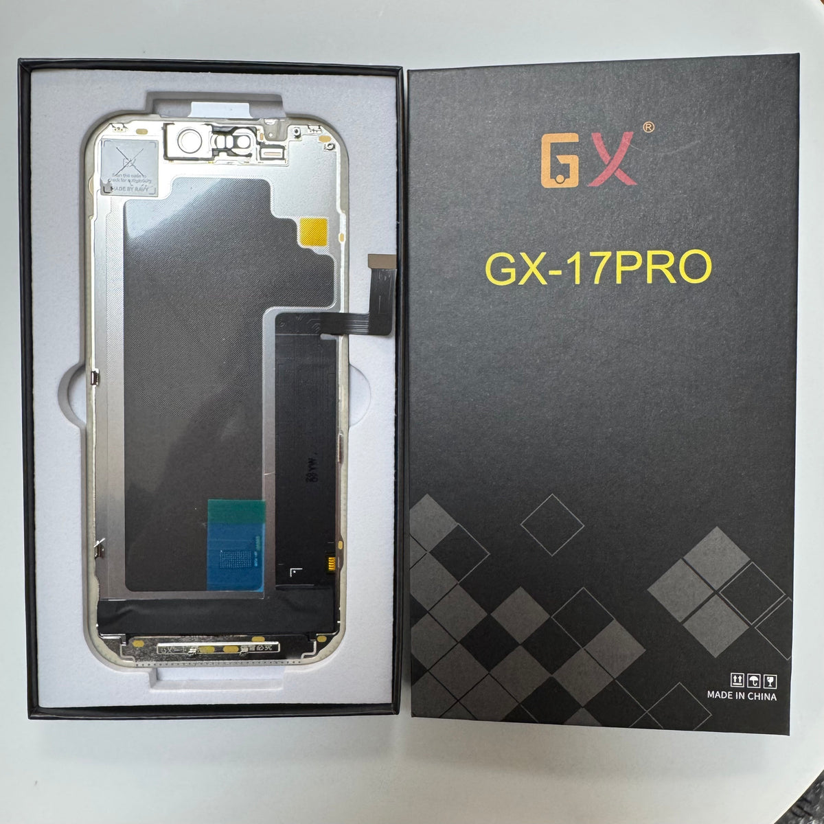 Hard OLED screen for iPhone 17 Pro in its tray, beside its labelled box