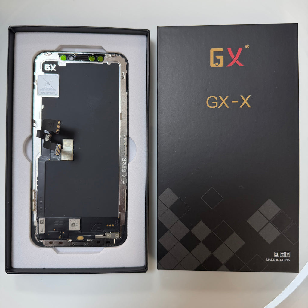 Hard OLED screen for iPhone X in its tray, beside its labelled box