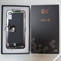 Hard OLED screen for iPhone X in its tray, beside its labelled box