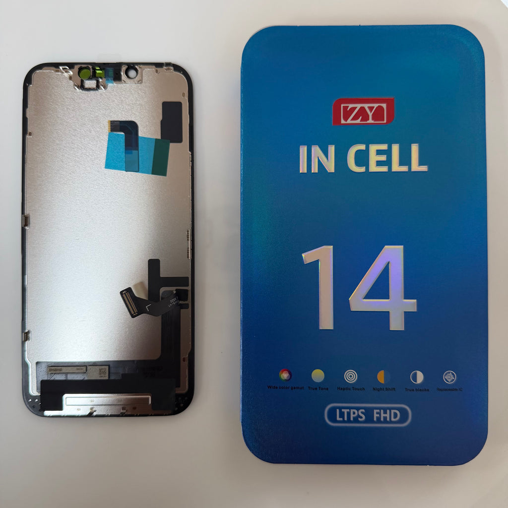 FHD incell LCD screen for iPhone 14 beside its box