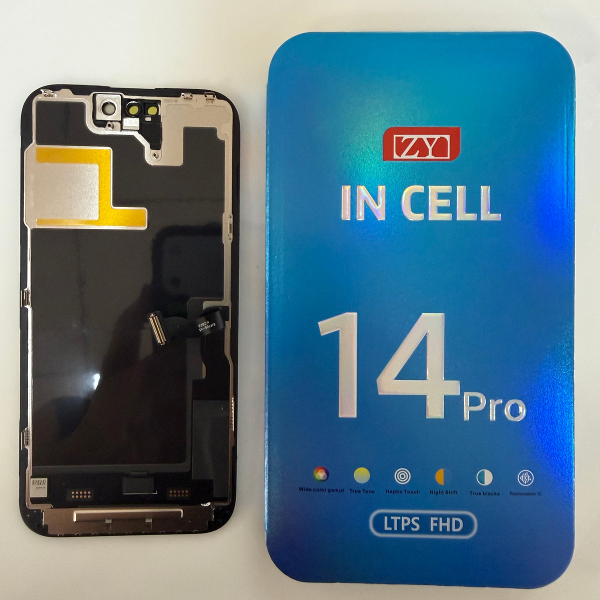 FHD incell LCD screen for iPhone 14 Pro beside its box