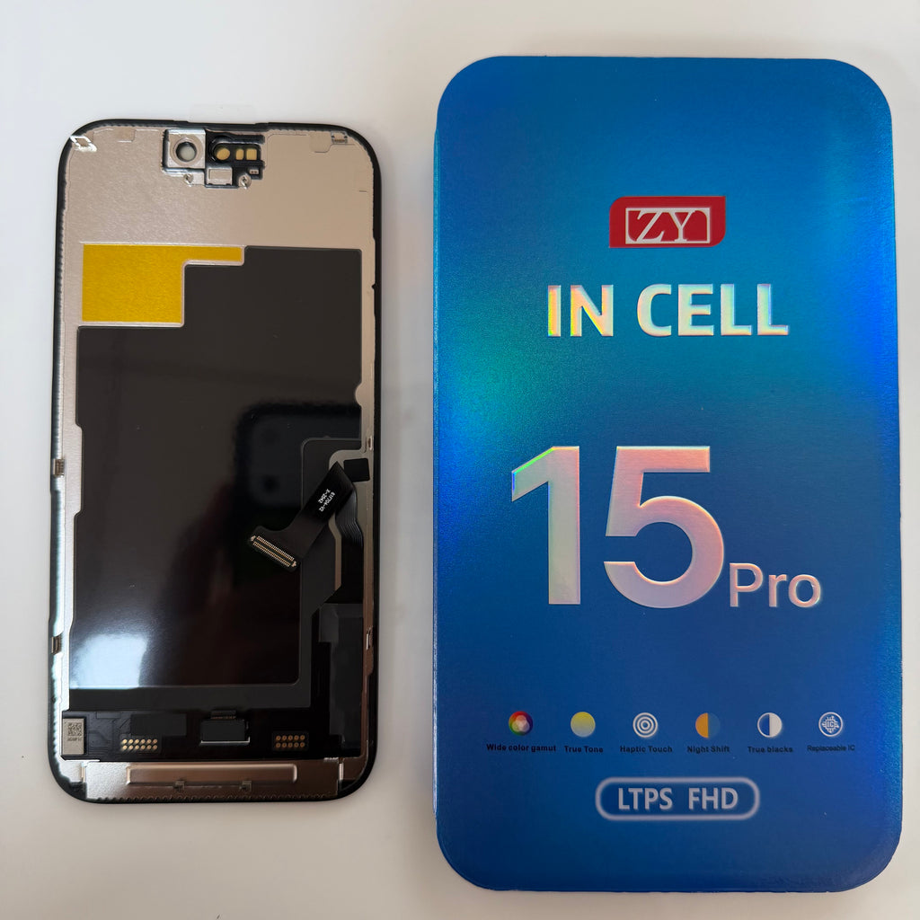 FHD incell LCD screen for iPhone 15 Pro beside its box