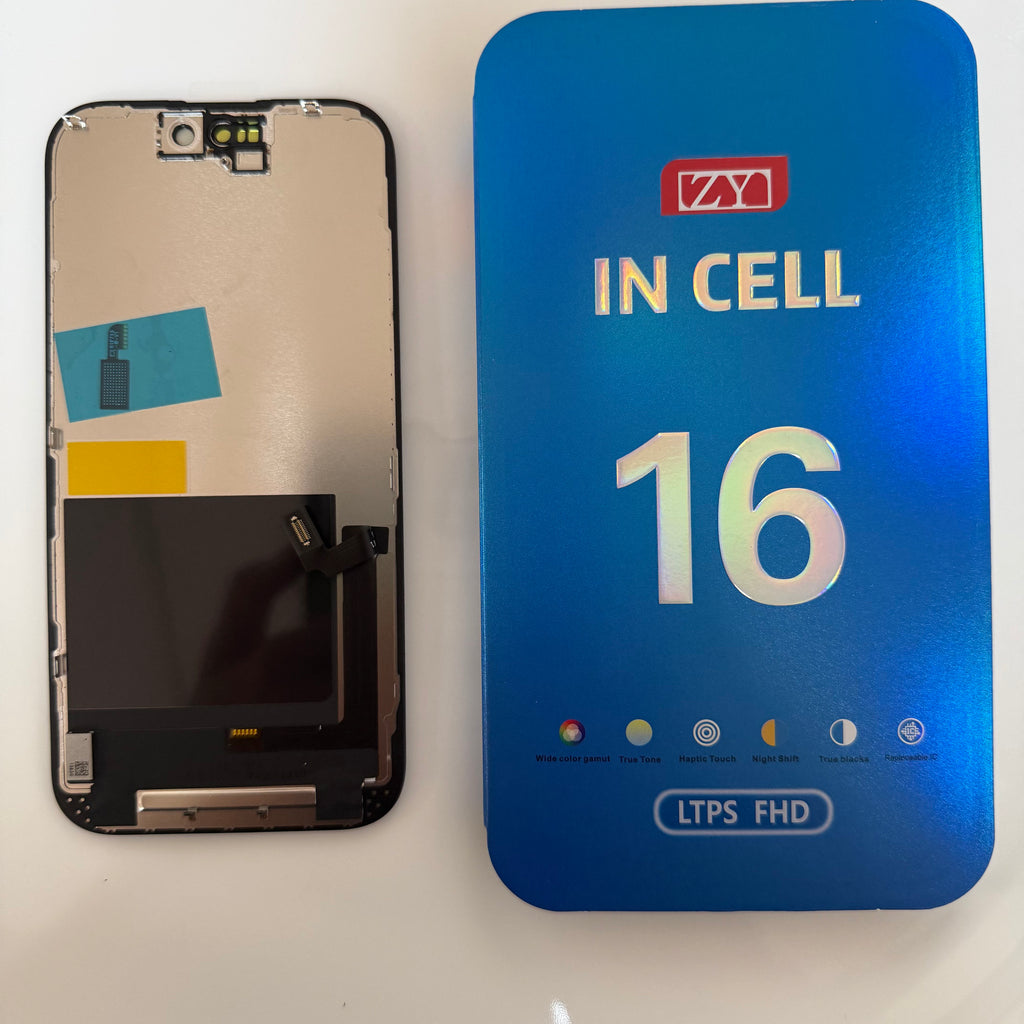FHD incell LCD screen for iPhone 16 beside its box