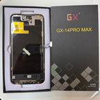 Soft OLED screen for iPhone 14 Pro Max in its tray, beside its labelled box