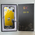 Soft OLED screen for iPhone 15 in its tray, beside its labelled box