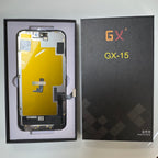 Soft OLED screen for iPhone 15 in its tray, beside its labelled box