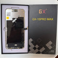 Soft OLED screen for iPhone 15 Pro Max in its tray, beside its labelled box