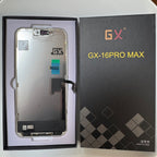 Soft OLED screen for iPhone 16 Pro Max in its tray, beside its labelled box