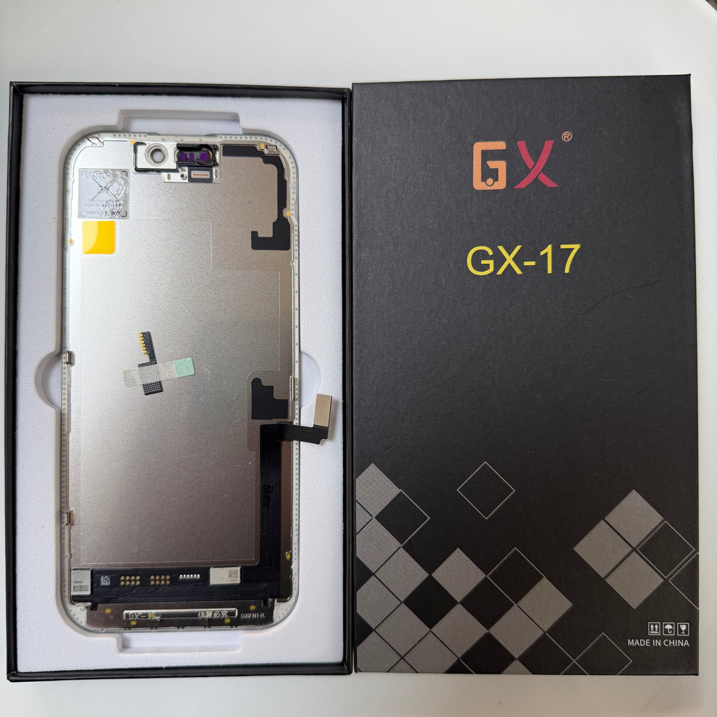 Soft OLED screen for iPhone 17 in its tray, beside its labelled box